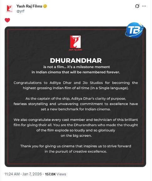 Dhurandhar receives YRF praise and sets a new standard in Indian cinema YRF praises Dhurandhar for setting a new benchmark in Indian cinema