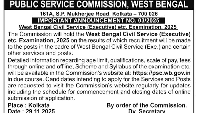 WBCS Exam 2025 WBPSC Notification