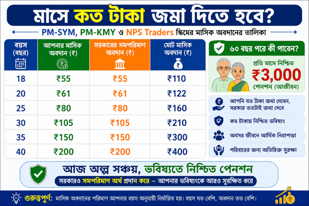 PM-SYM, PM-KMY ও NPS Traders স্কিমে বয়সভিত্তিক মাসিক অবদান ও ₹3,000 পেনশন সুবিধার চার্ট